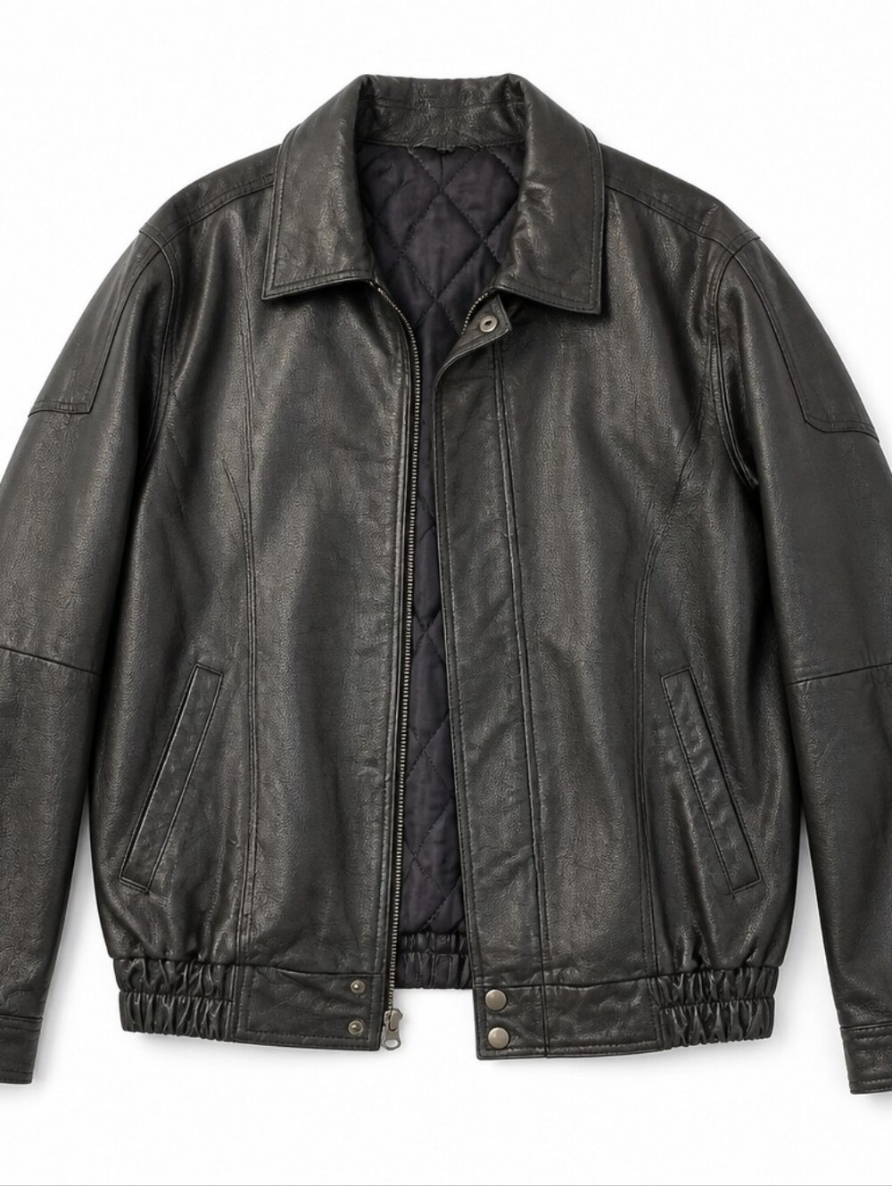 Men's Black Leather Bomber Jacket - Classic Quilted Lining